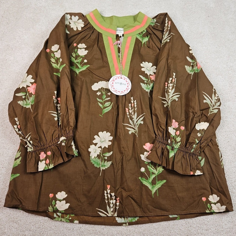 NWT's Autumn Bloom L Boho Peasant Umgee Floral Balloon Sleeve Tunic Cotton Brown